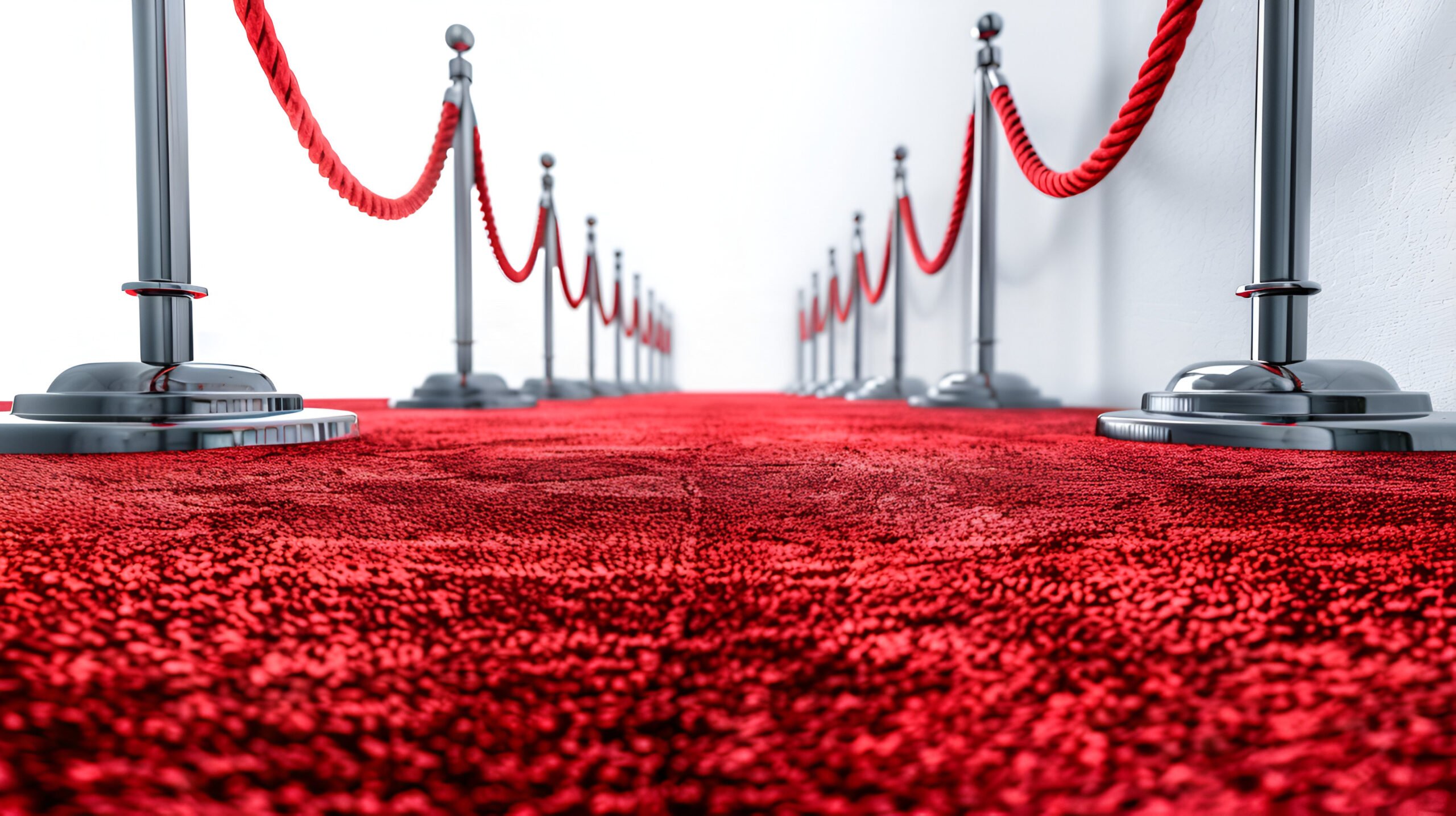 Red carpet & silver barriers with red cords on white background, Implies prestige, exclusivity & fame. Generative AI